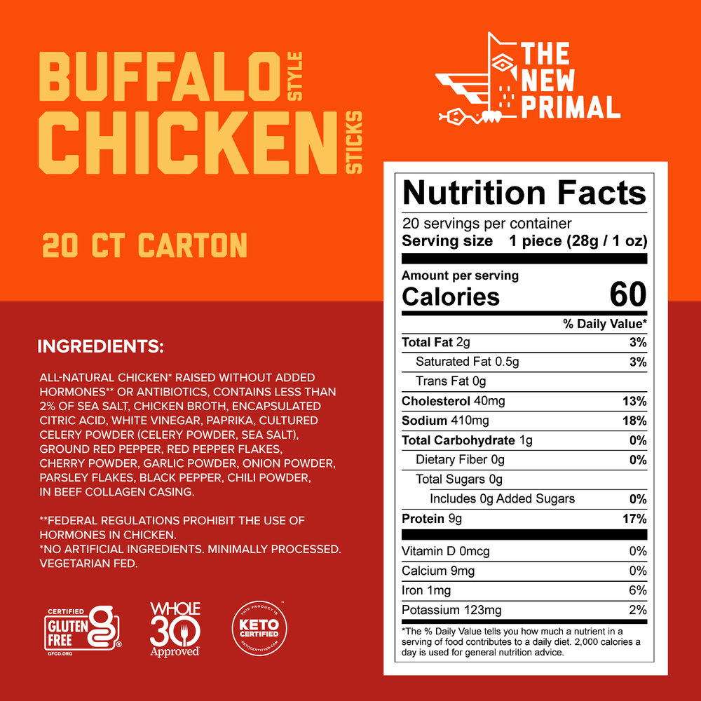 Buffalo Style Chicken Meat Sticks, All-Natural Chicken, Zero Sugar (20 Sticks)