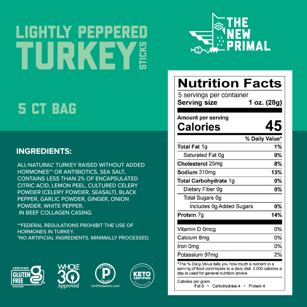 Lightly Peppered Turkey Meat Sticks, All-Natural Turkey, Zero Sugar (5 Sticks)