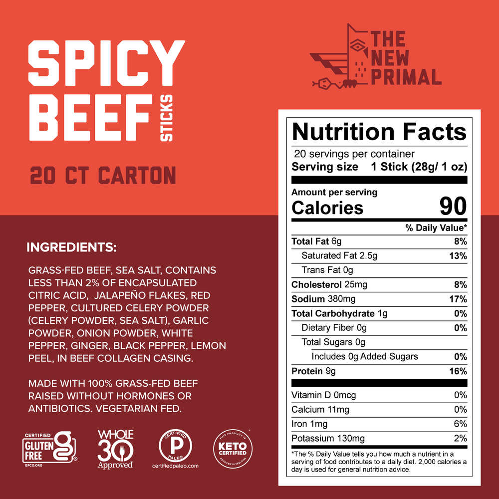 Spicy Beef Meat Sticks, 100% Grass-Fed Beef, Zero Sugar (20 Sticks)