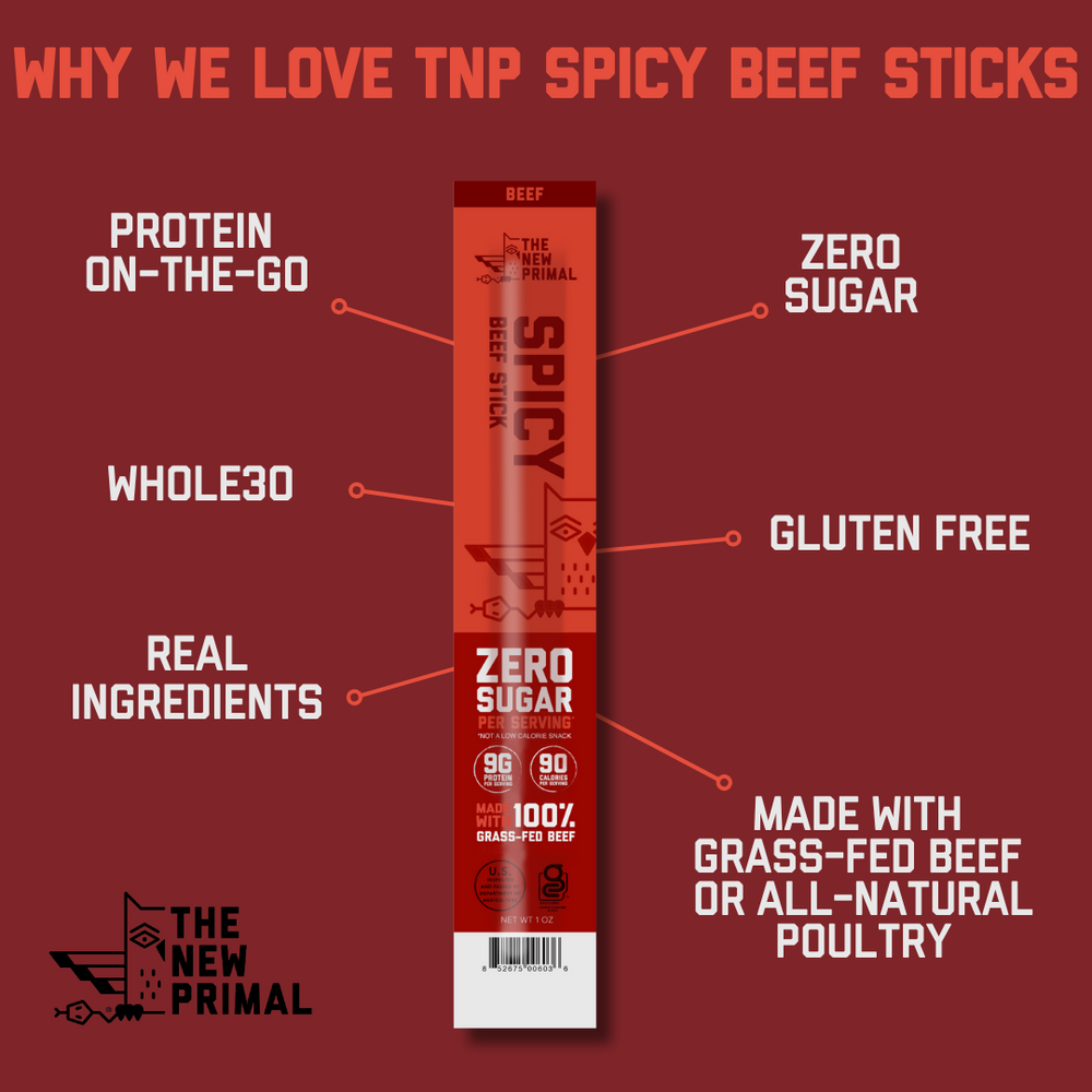 Spicy Beef Meat Sticks, 100% Grass-Fed Beef, Zero Sugar (20 Sticks)