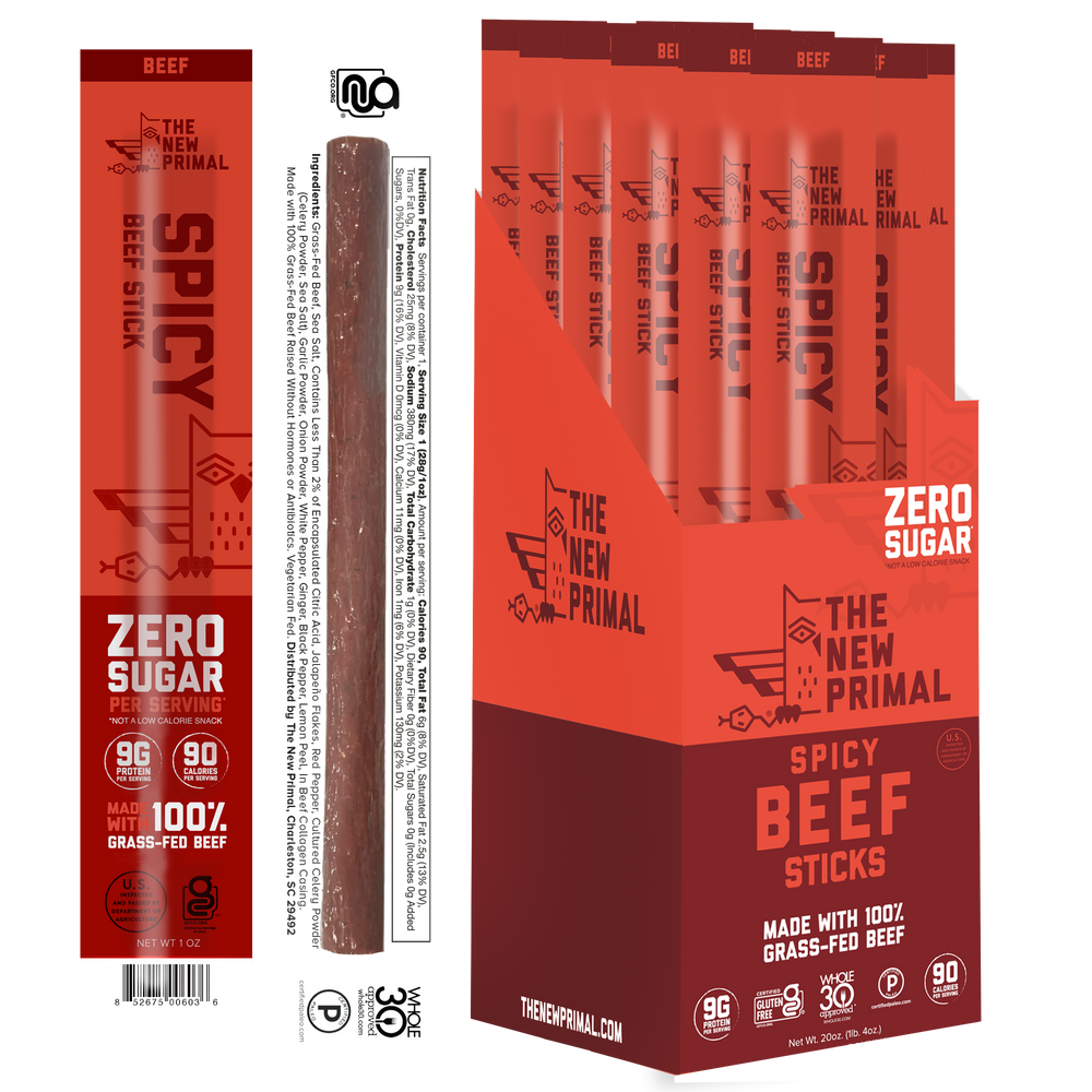 Spicy Beef Meat Sticks, 100% Grass-Fed Beef, Zero Sugar (20 Sticks)