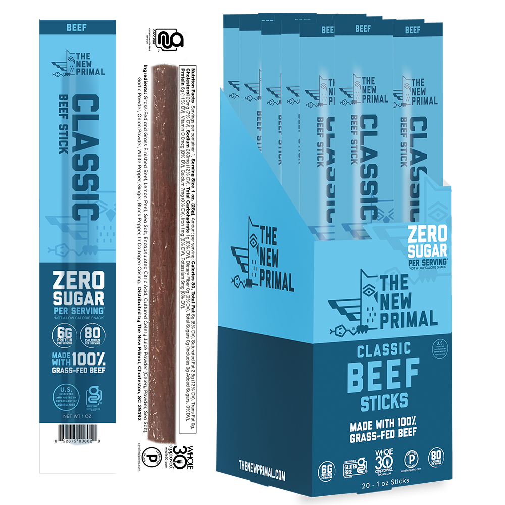 Classic Beef Meat Sticks, 100% Grass-Fed Beef, Zero Sugar (20 Sticks)