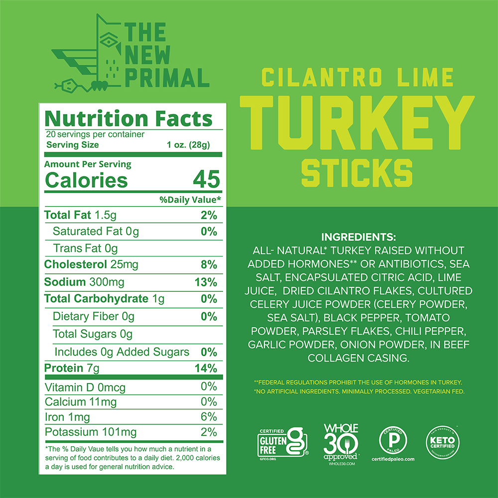 Cilantro Lime Turkey Meat Sticks, All-Natural Turkey, Zero Sugar (20 Sticks)