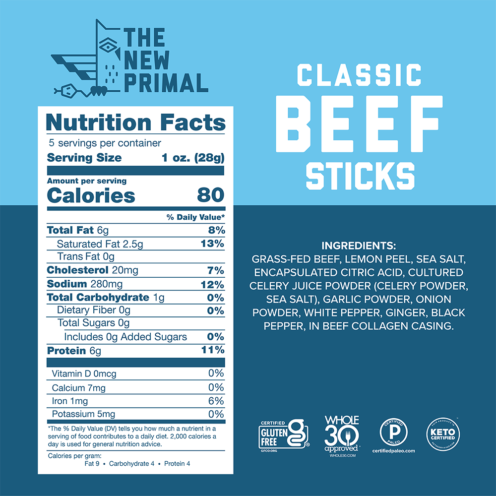 Classic Beef Meat Sticks, 100% Grass-Fed Beef, Zero Sugar (5 Sticks)
